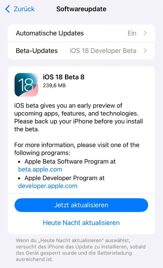 龙游苹果手机维修分享苹果 iOS / iPadOS 18 开发者预览版 Beta 8 发布 